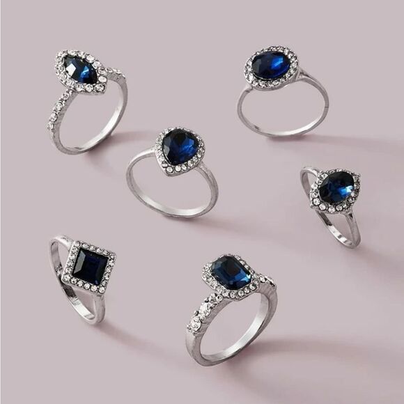 Silver Blue 6pc Rhinestone Geometric Midi Ring Set - Picture 1 of 2